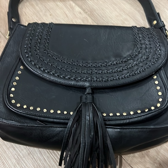 Antik Kraft Vegan Leather Black Studded Fringed Saddle Bag - Picture 2 of 5